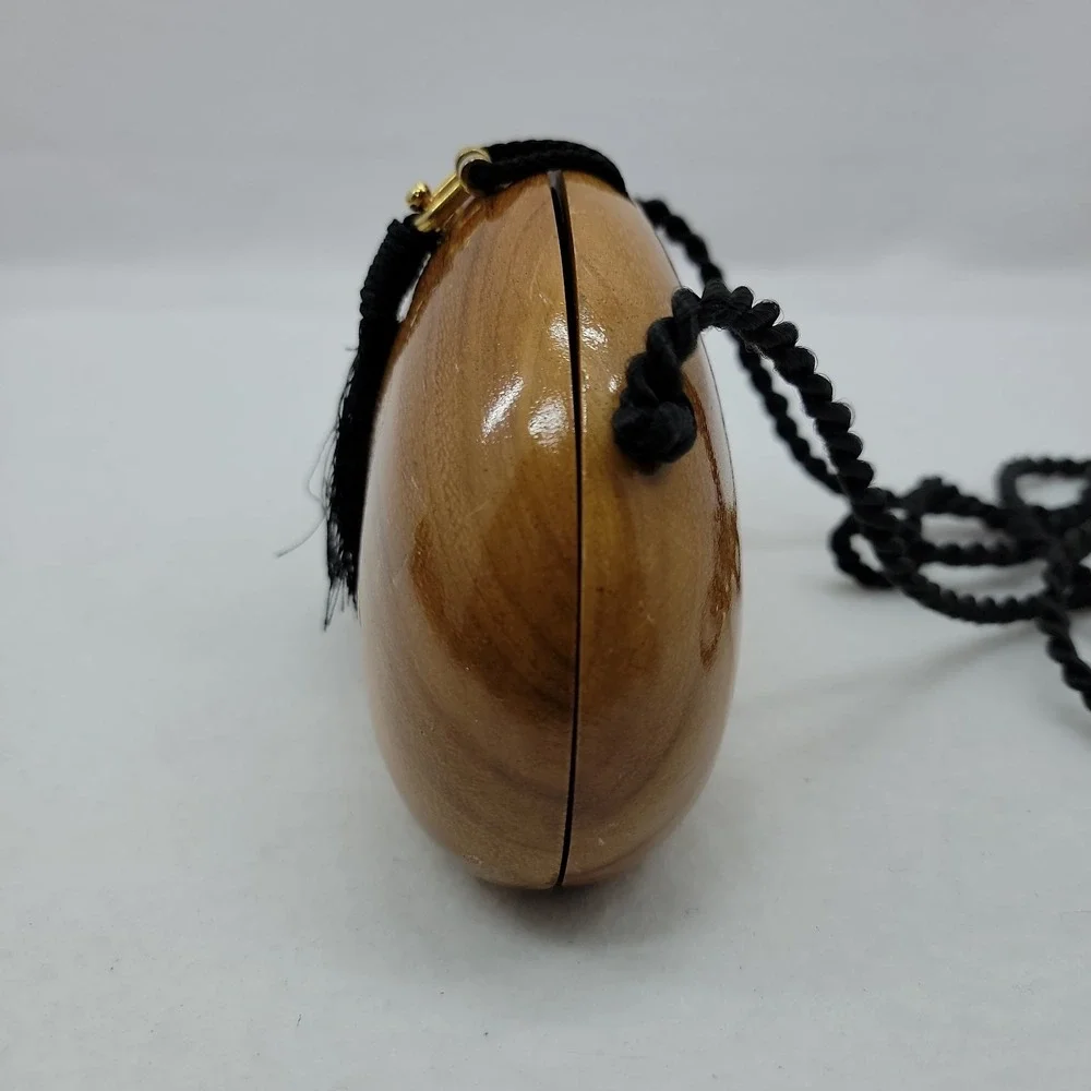 Timmy Woods Beverly Hills Handcrafted Clutch Bag Black Tassel Strap Acacia Wood